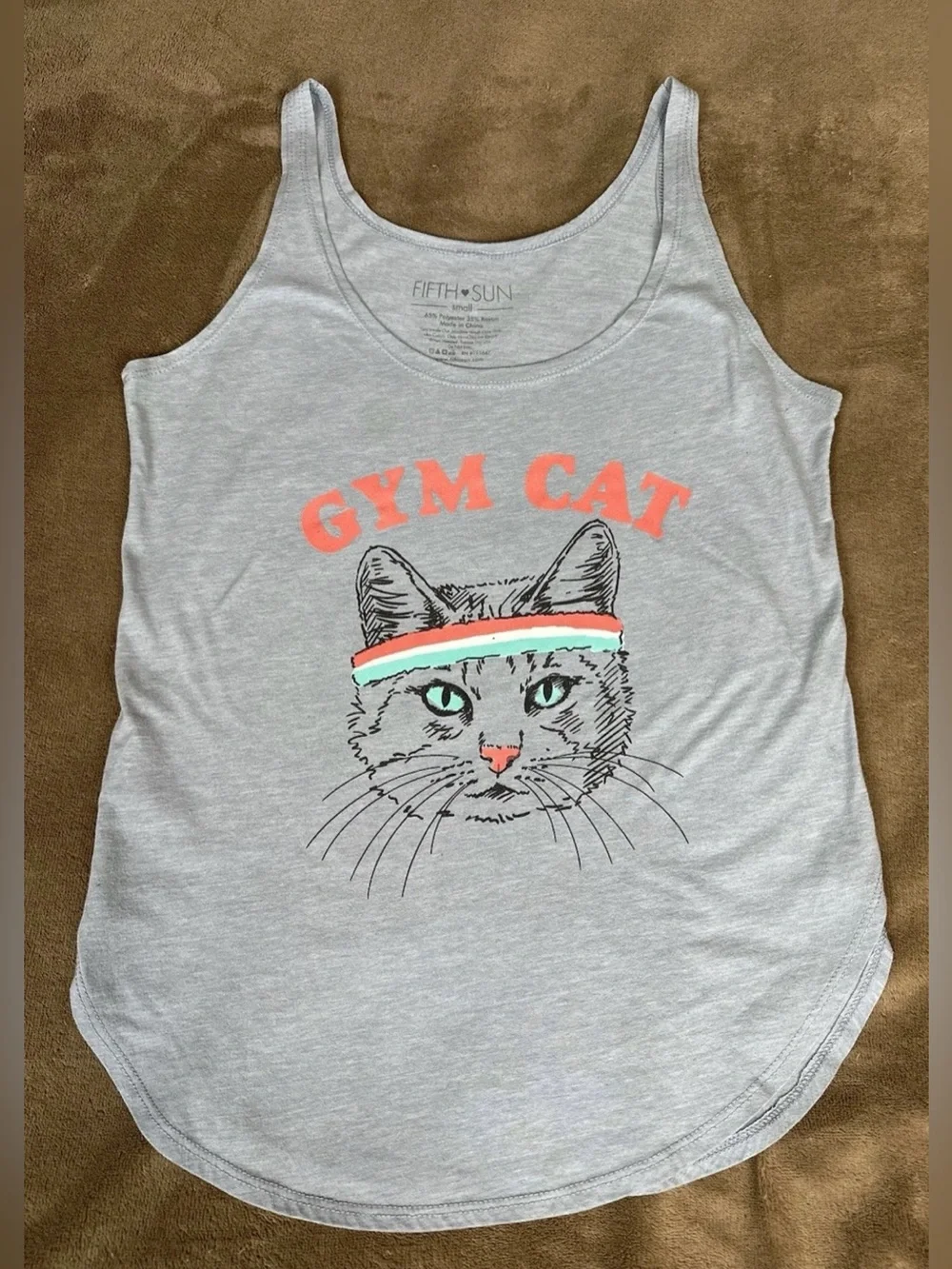Fifth Sun Gym Cat Graphic Tank Top size Small Gray Athleisure Casual Tee Workout